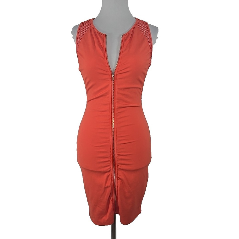 Bebe Junior Medium Mโ Full-Zippered Front Sleeveless Contrast Sheath Orange